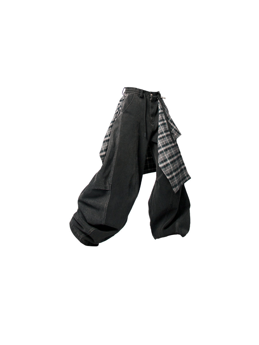 RELABEL (3D Stretch) Detachable Checked Back Panel, Machine-Washable Oversized Jeans