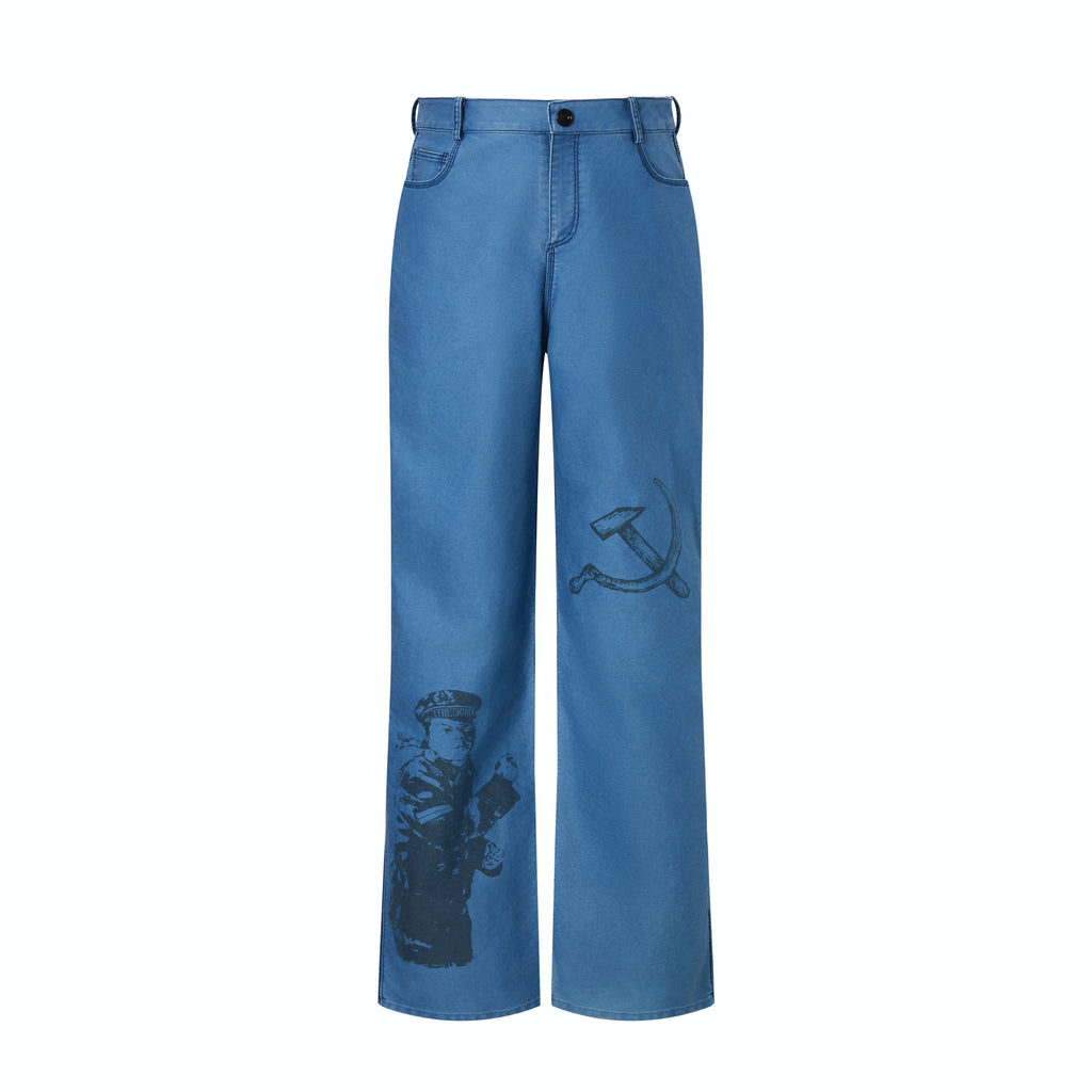 TENXTEN Hand-Stitched Distressed Moleskin Straight-Leg Pants