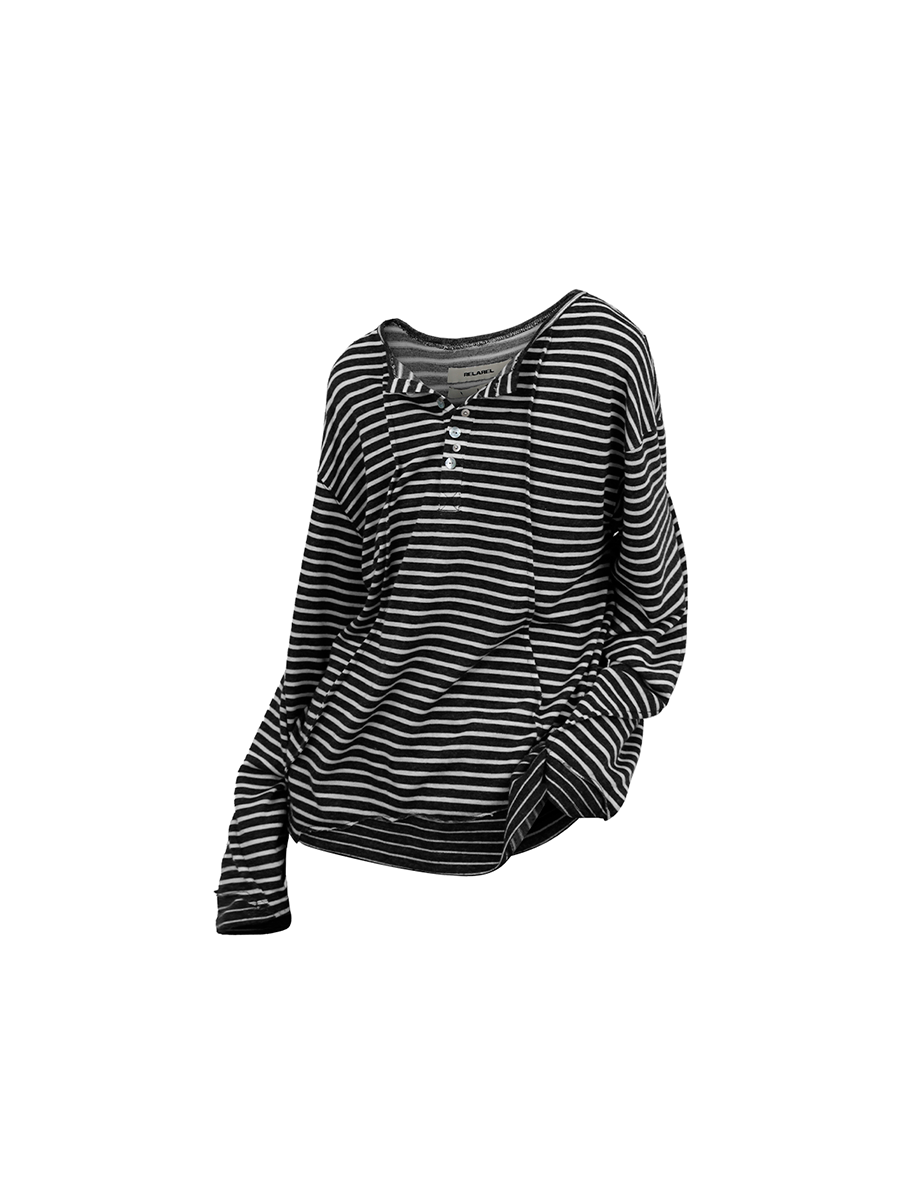 RELABEL (Vision) Lightweight, velvety-textured striped patchwork long-sleeved T-shirt with a wet-look finish, studded details and a scoop neck