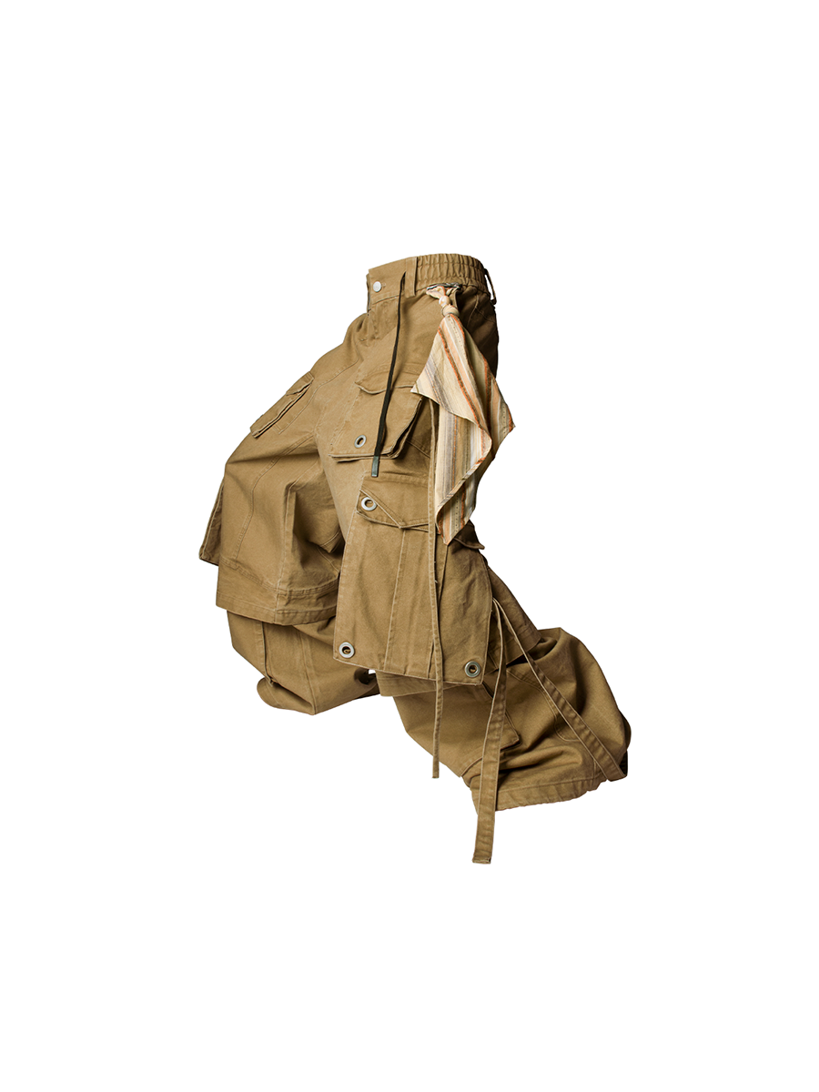 RELABEL Spatial Relations (Quartet) Eight-Pocket Detachable Distressed Multi-Colour Two-Tuck Workwear Trousers with Flare Legs Main image