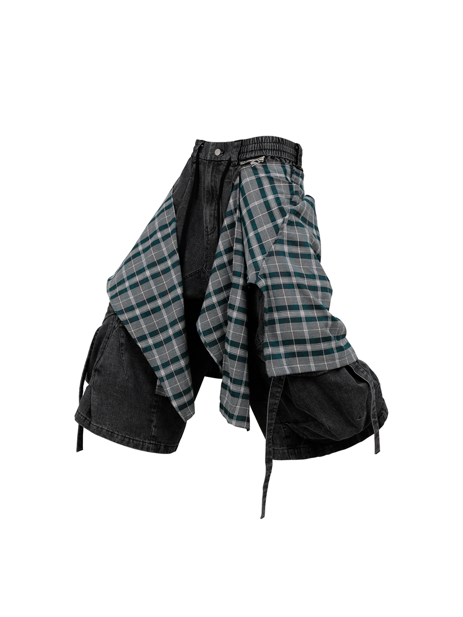 RELABEL (Bamboo-patterned pleated shorts) Detachable fly, water-repellent, multi-pocket, machine-washable, ruffled denim cropped shorts