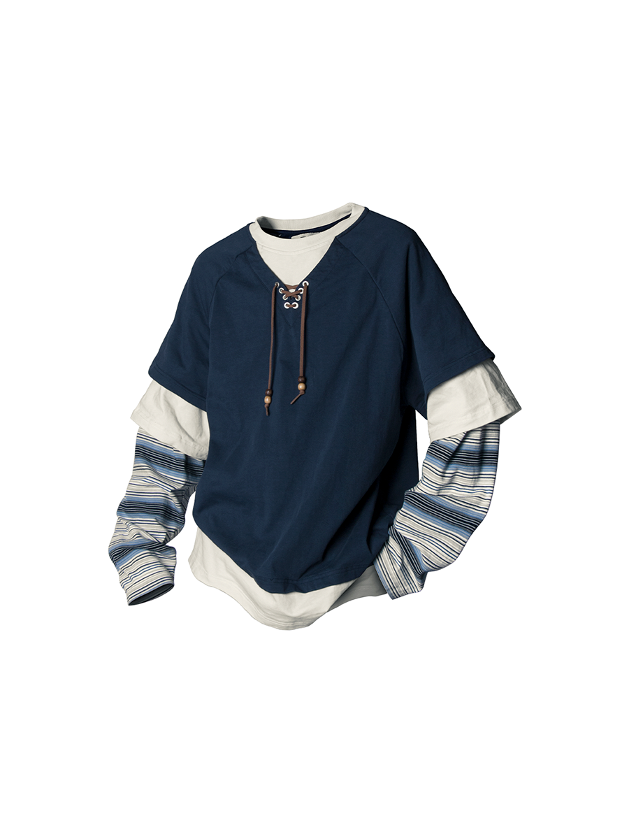 RELABEL Spatial Relationships (Parallel Lines) Four-Colour Striped Patchwork Knot Beaded Mock Three-Piece Long-Sleeved T-Shirt Main image