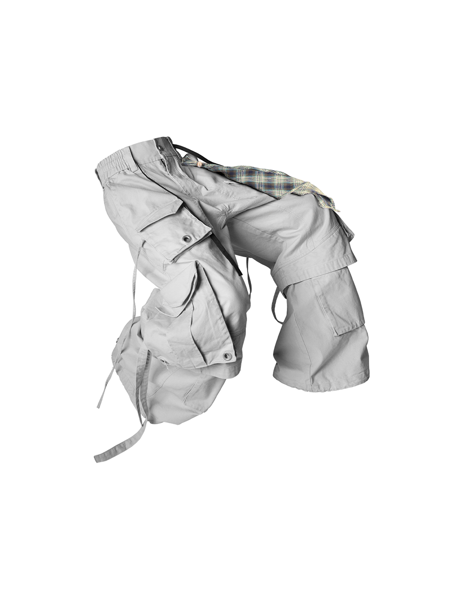 RELABEL Spatial Relations (Quartet) Eight-Pocket Detachable Distressed Multi-Colour Two-Tuck Workwear Trousers with Flare Legs