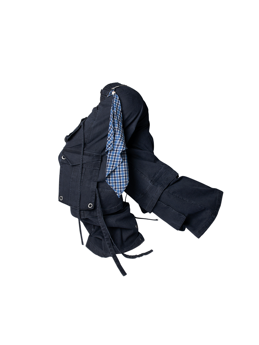 RELABEL Spatial Relations (Quartet) Eight-Pocket Detachable Distressed Multi-Colour Two-Tuck Workwear Trousers with Flare Legs
