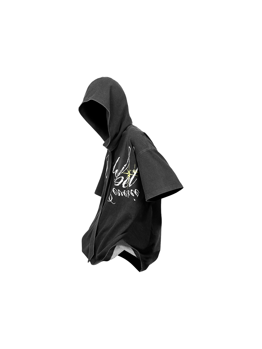 RELABEL (Dreamy Starlight) Detachable Hooded, Machine-Washable, Distressed Denim-Print Crew-Neck Short-Sleeve Commuter T-Shirt Main image