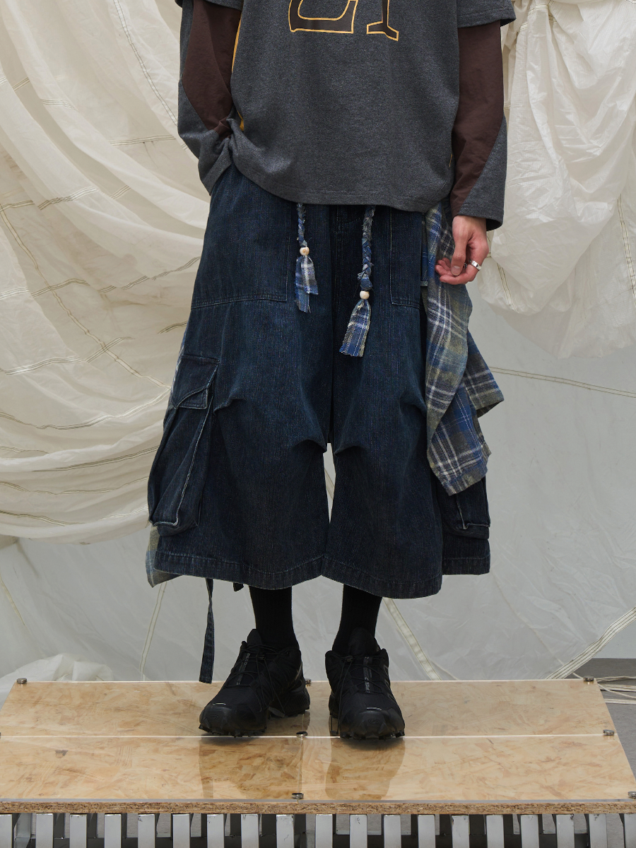 RELABEL Time Element (Extended Fit) Detachable Fly Panel with Flowing Ties, Machine-Washable Slub Denim Shorts Secondary image