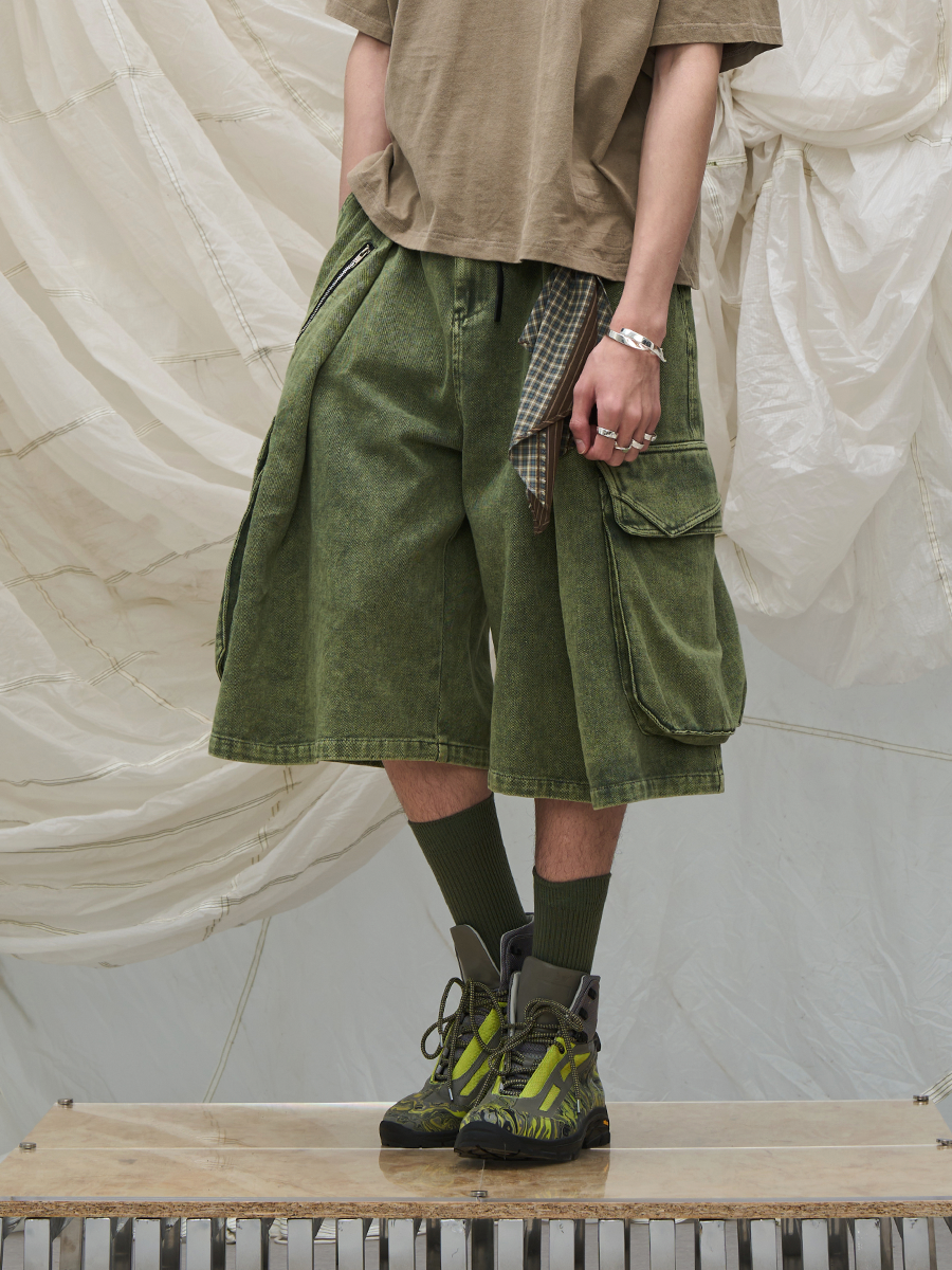 RELABEL Time Element (Continued) Detachable Scarf-Tuck Silhouette Washed Denim Workwear Cropped Trousers
