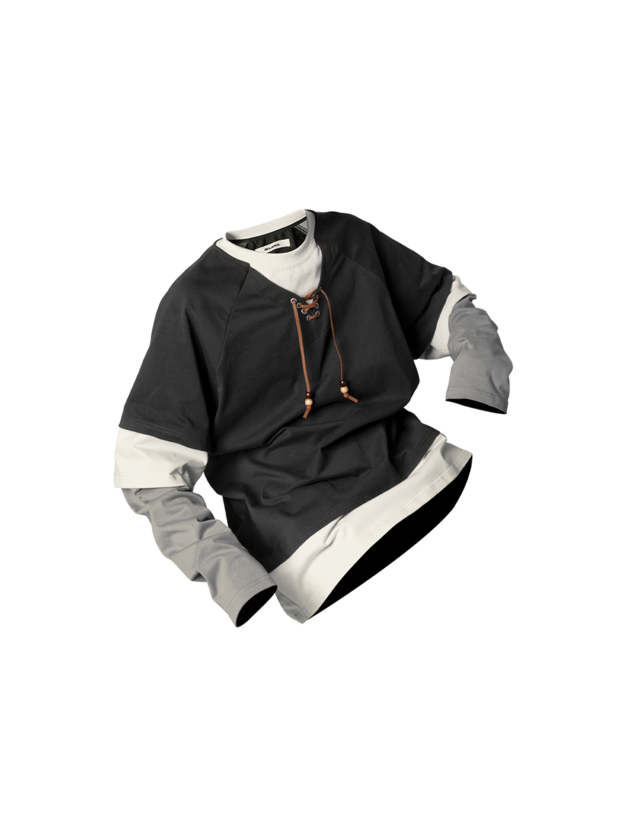 RELABEL Spatial Relationships (Parallel Lines) Four-Colour Striped Patchwork Knot Beaded Mock Three-Piece Long-Sleeved T-Shirt Secondary image