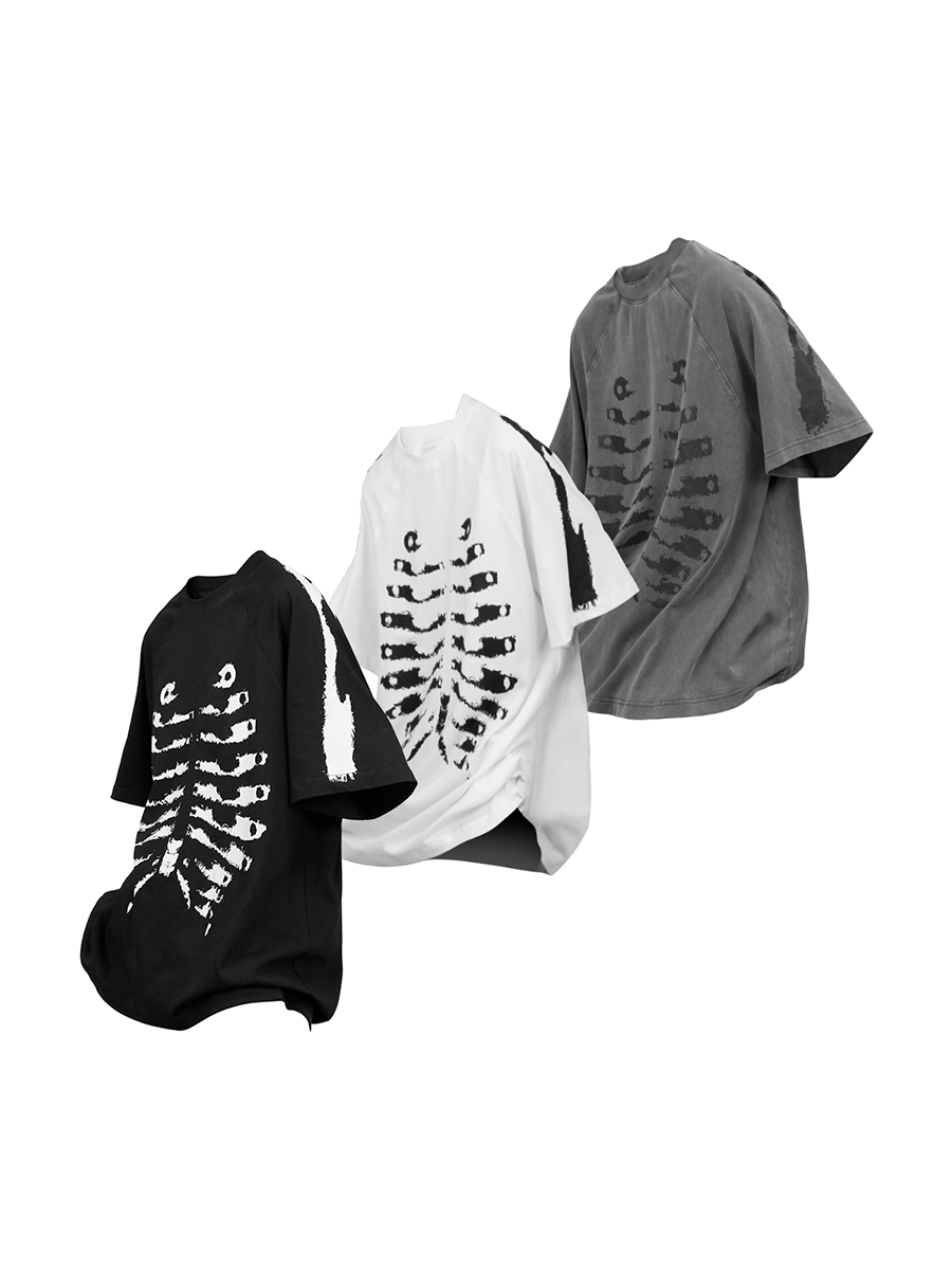 RE-BONE (Skeleton Line) Water-Worn Skeleton Print, Distressed, Loose-Fit Short-Sleeve T-Shirt