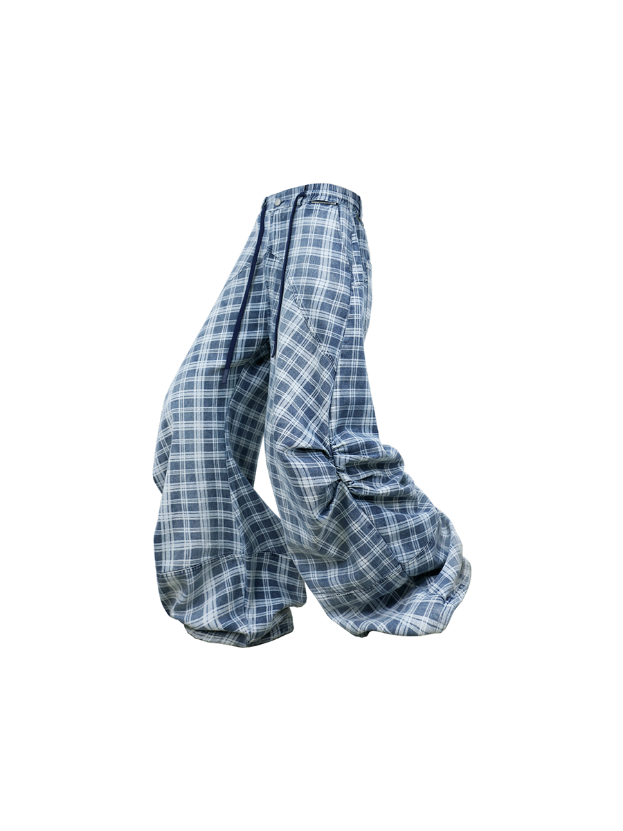 RELABEL (Gemeng) Flower Bud Balloon Check Print Draped Loose-Fit Wavy-Crinkle Gradient Washed Denim Trousers
