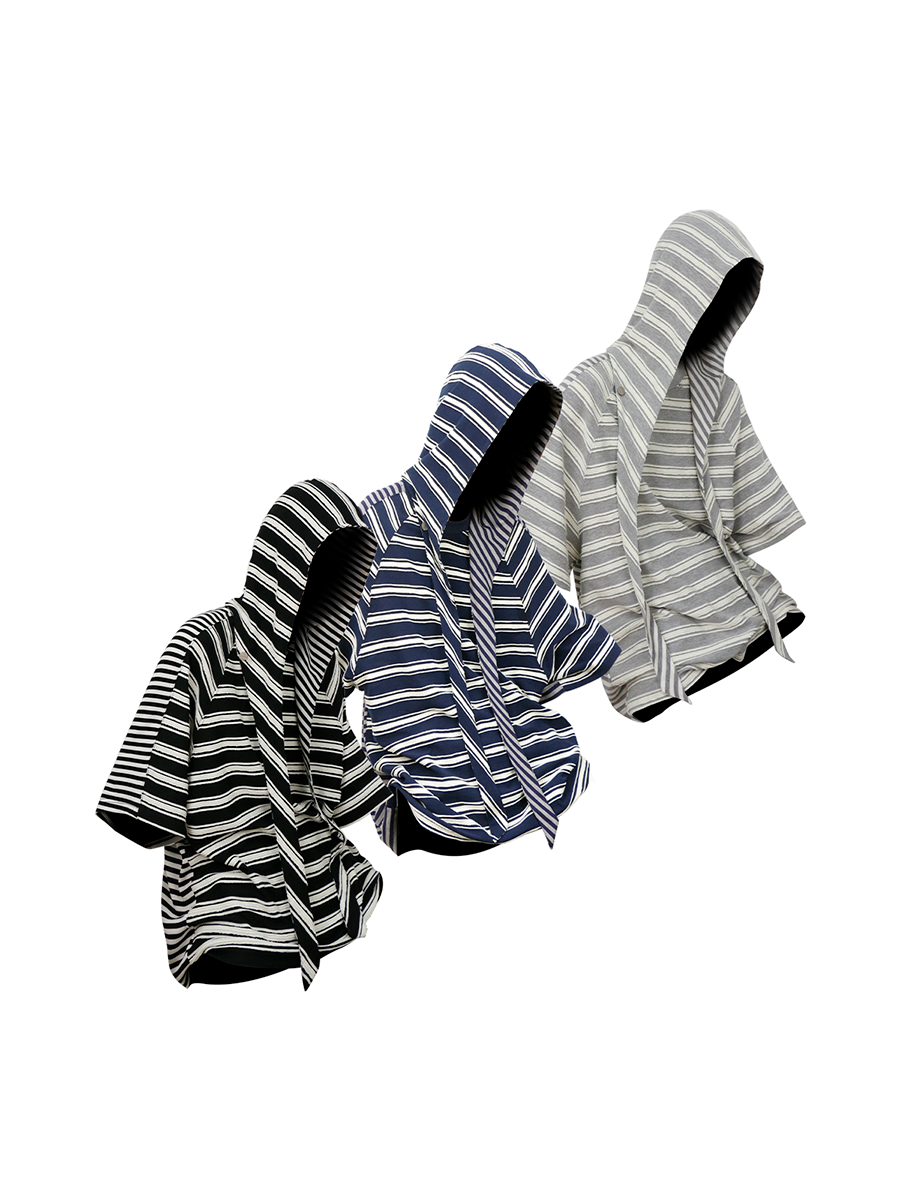RELABEL (Dream Cut) Wool-Lysol Detachable Hooded Patchwork Striped Short-Sleeved T-shirt