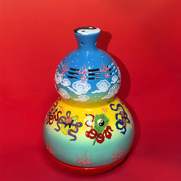 Eternal Cycle Jingdezhen Taoist Ceramic Hollowed An-Ba-Xian (Dark Eight Immortals) Gourd Incense Burner