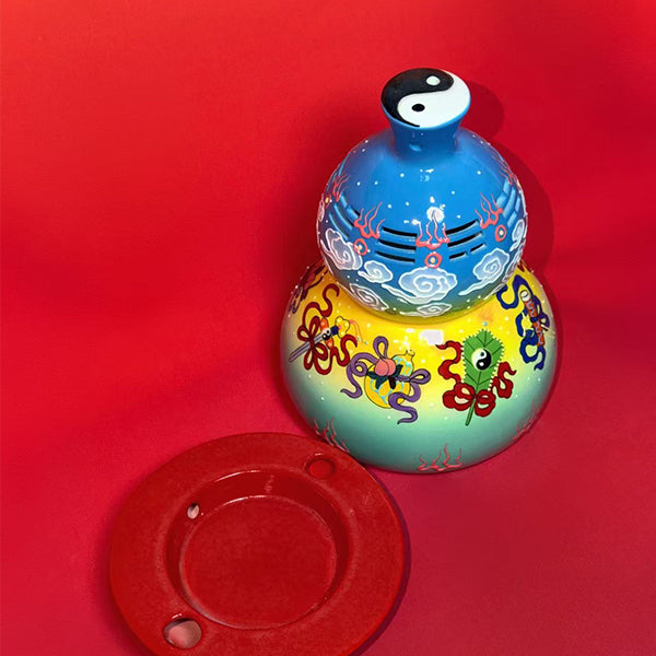 Eternal Cycle Jingdezhen Taoist Ceramic Hollowed An-Ba-Xian (Dark Eight Immortals) Gourd Incense Burner