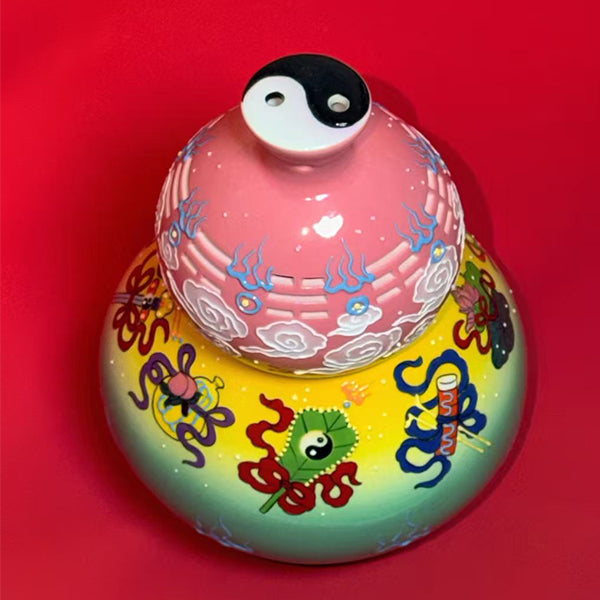 Eternal Cycle Jingdezhen Taoist Ceramic Hollowed An-Ba-Xian (Dark Eight Immortals) Gourd Incense Burner
