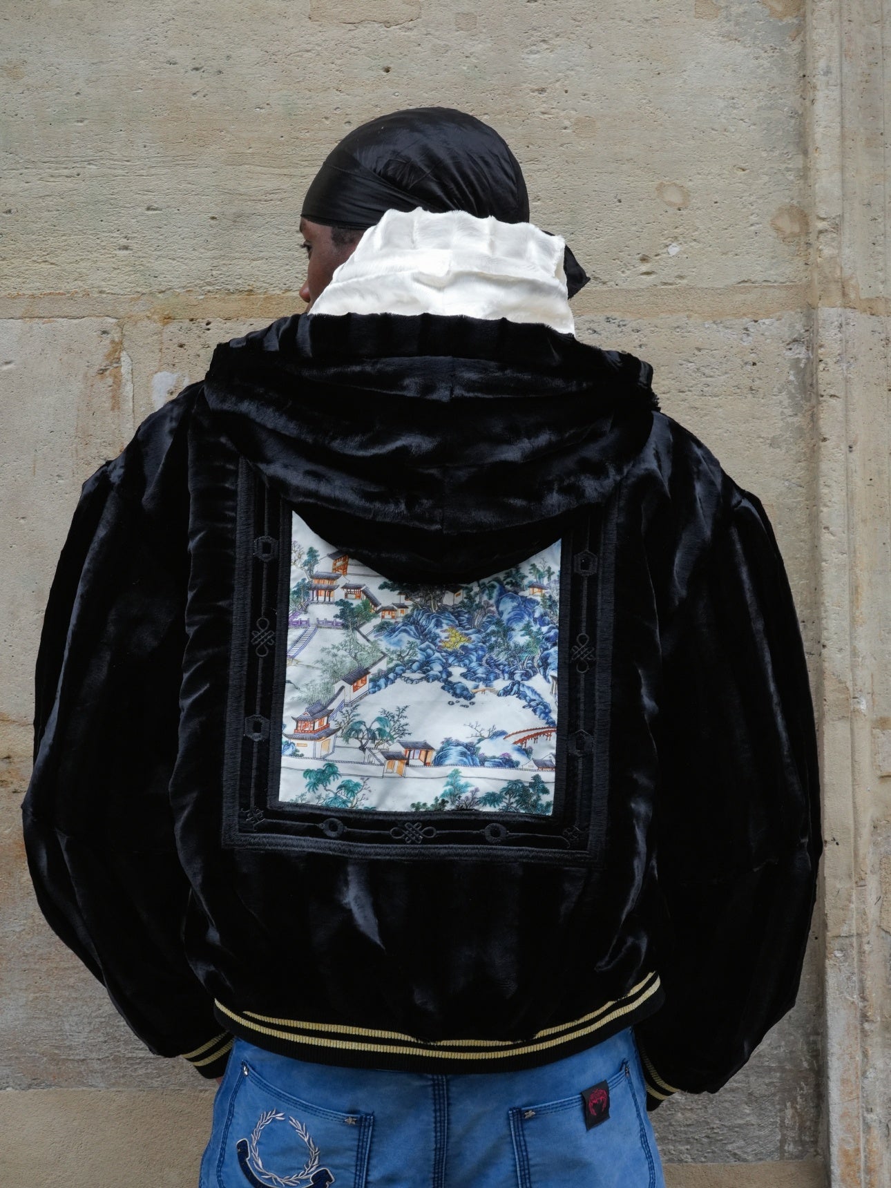 TENXTEN Embroidered Faux Fur Acetate Hoodie