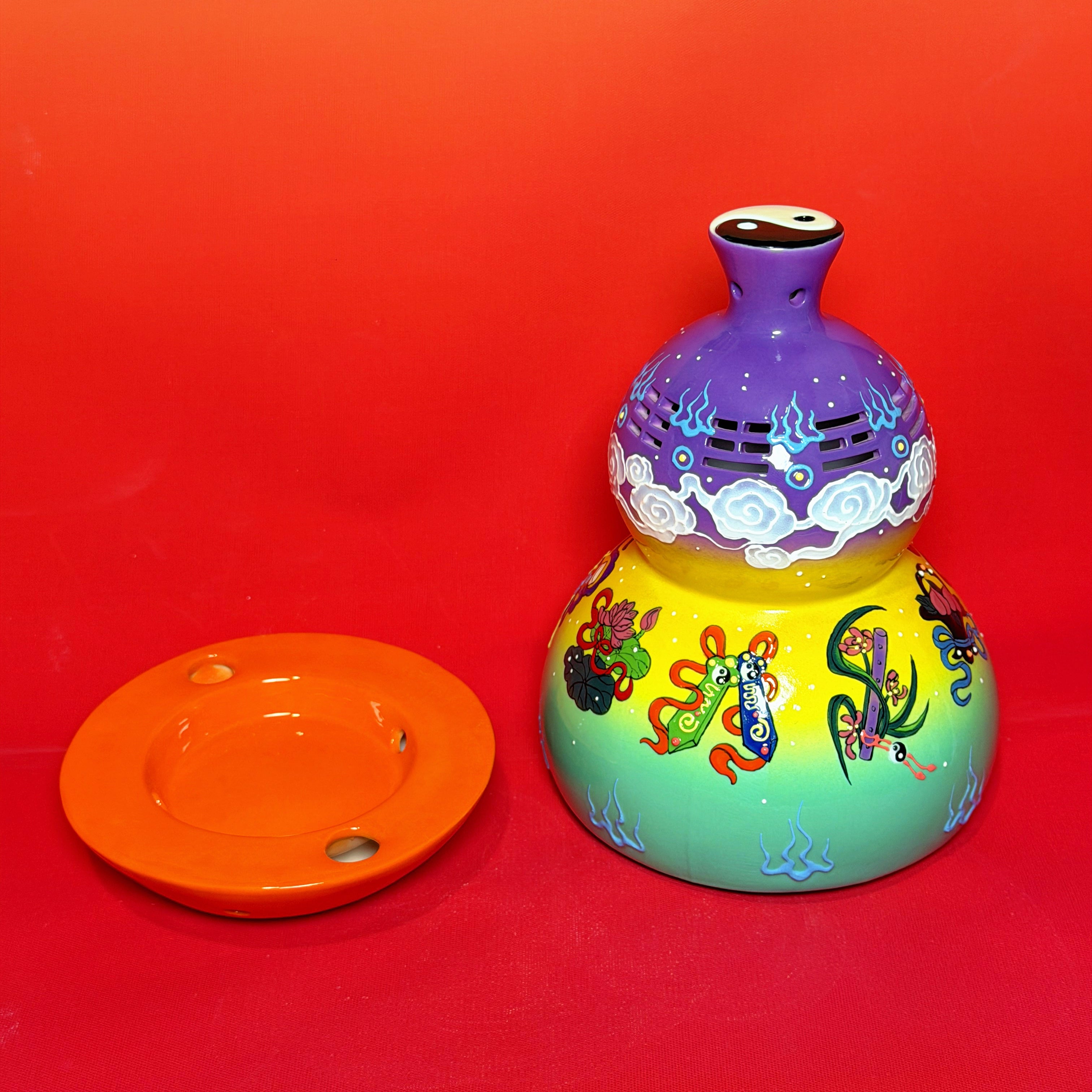 Eternal Cycle Jingdezhen Taoist Ceramic Hollowed An-Ba-Xian (Dark Eight Immortals) Gourd Incense Burner