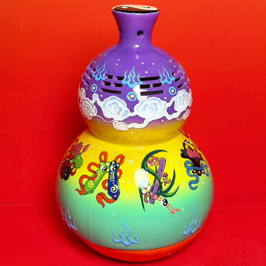 Eternal Cycle Jingdezhen Taoist Ceramic Hollowed An-Ba-Xian (Dark Eight Immortals) Gourd Incense Burner