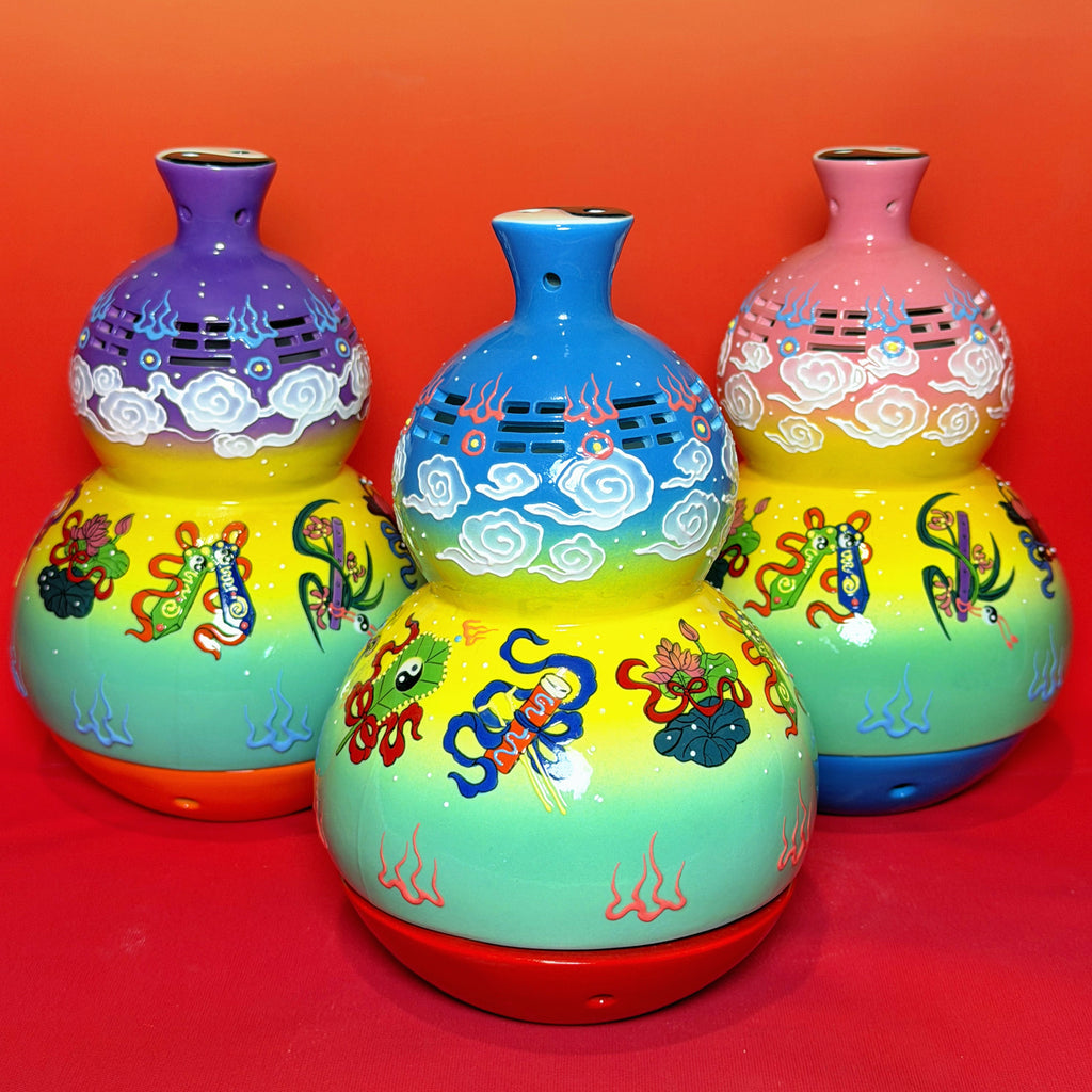Eternal Cycle Jingdezhen Taoist Ceramic Hollowed An-Ba-Xian (Dark Eight Immortals) Gourd Incense Burner