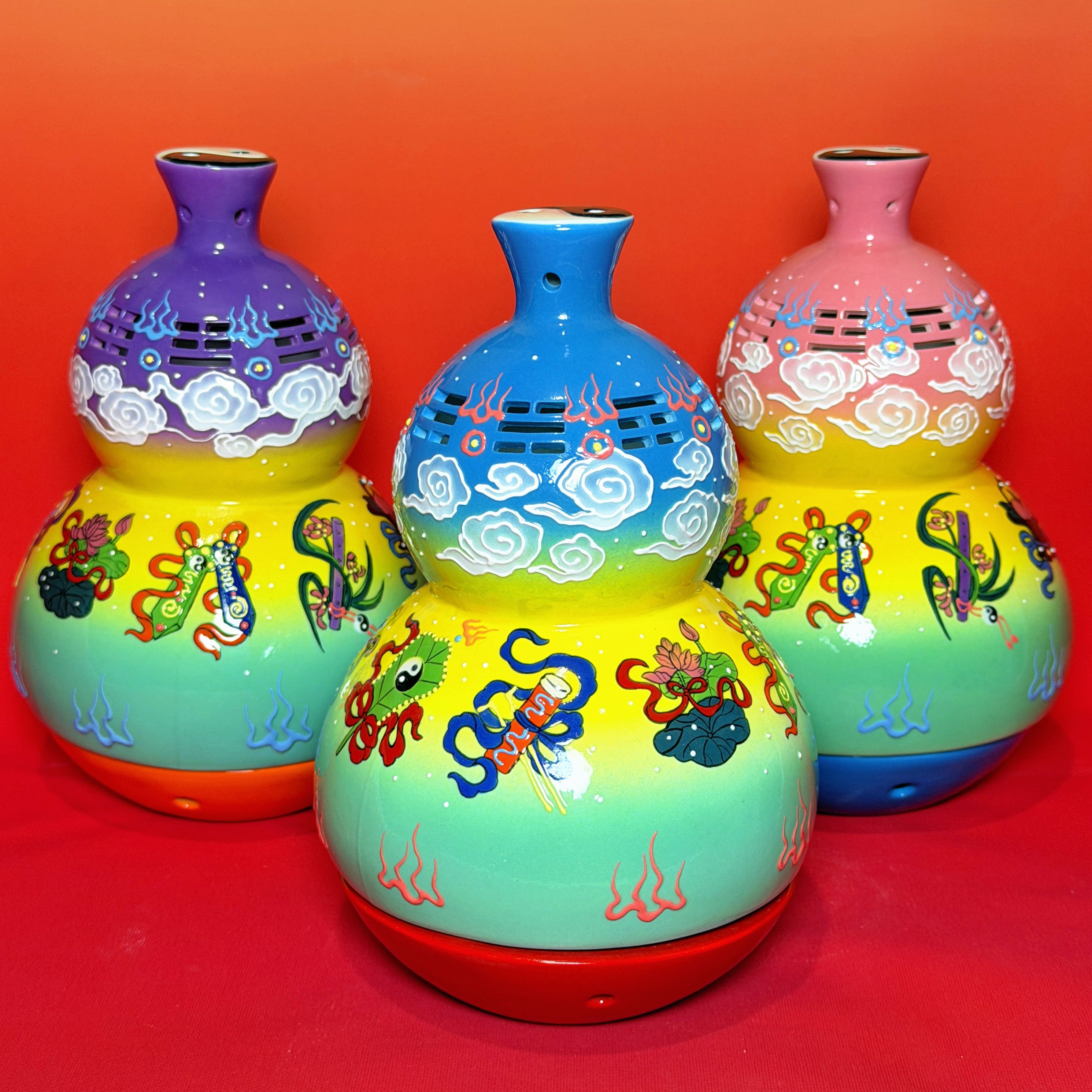 Eternal Cycle Jingdezhen Taoist Ceramic Hollowed An-Ba-Xian (Dark Eight Immortals) Gourd Incense Burner