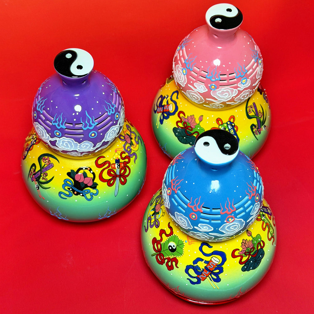 Eternal Cycle Jingdezhen Taoist Ceramic Hollowed An-Ba-Xian (Dark Eight Immortals) Gourd Incense Burner