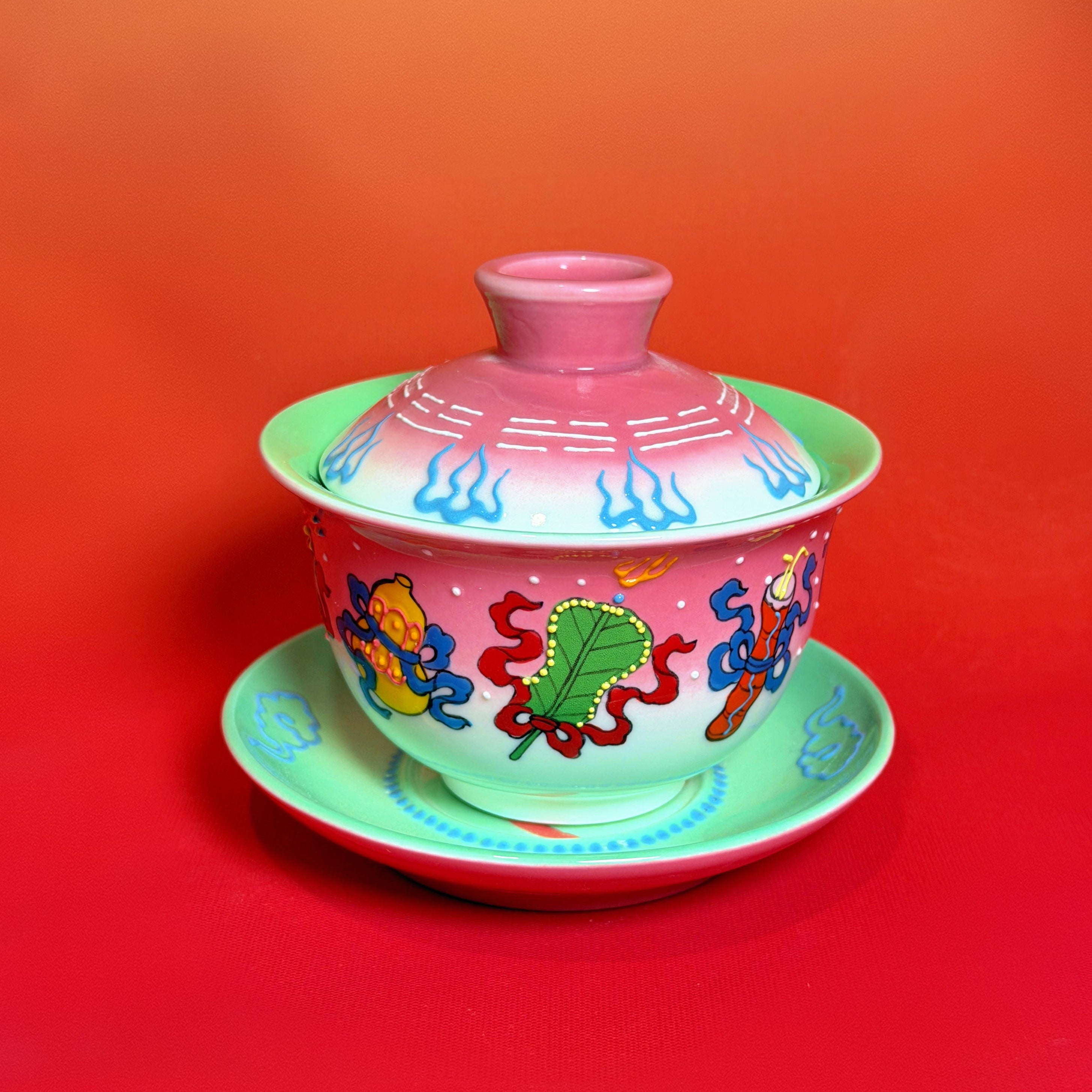Eternal Cycle Jingdezhen Handmade Taoist Ceramic An-Ba-Xian (Dark Eight Immortals) Covered Bowl Tea Set