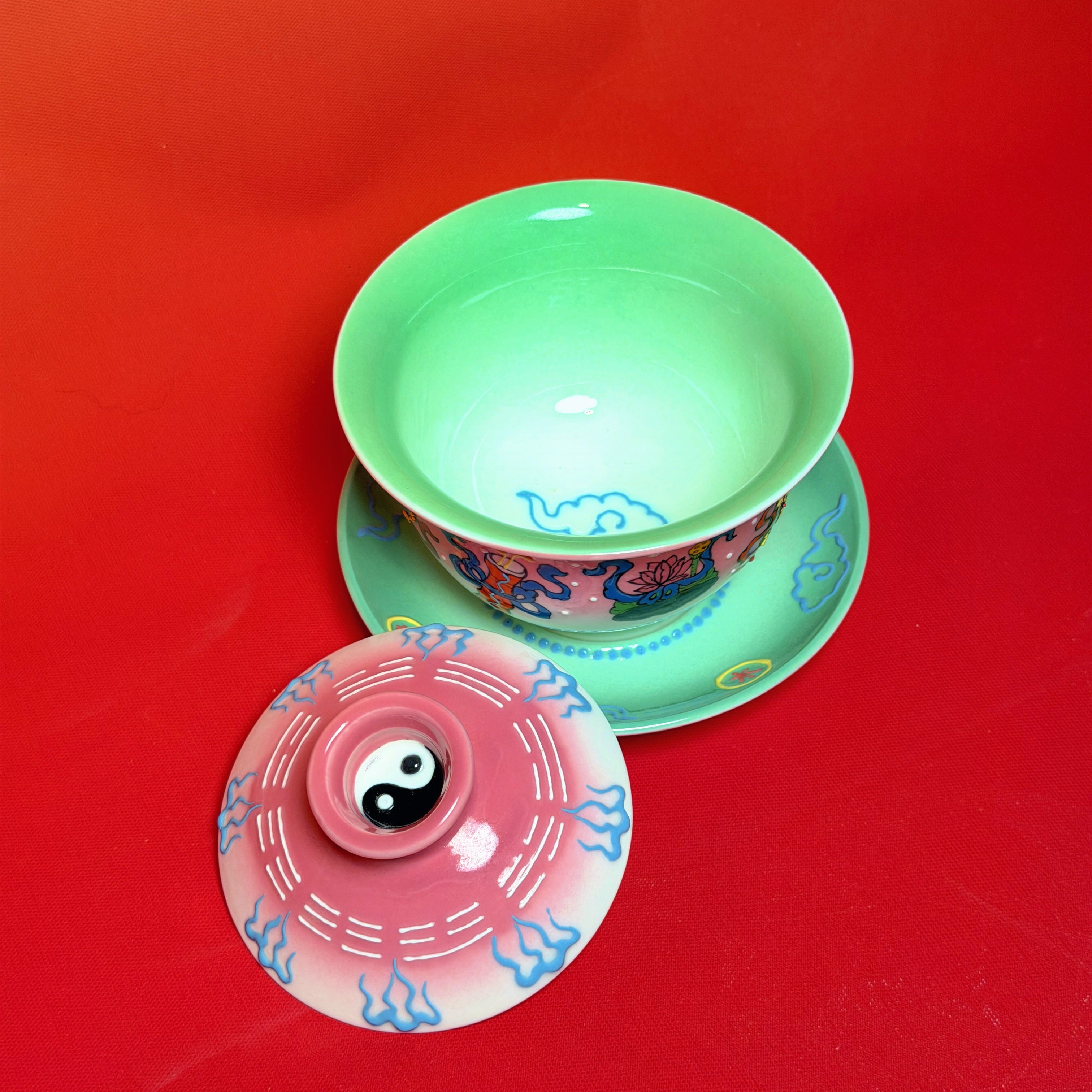 Eternal Cycle Jingdezhen Handmade Taoist Ceramic An-Ba-Xian (Dark Eight Immortals) Covered Bowl Tea Set
