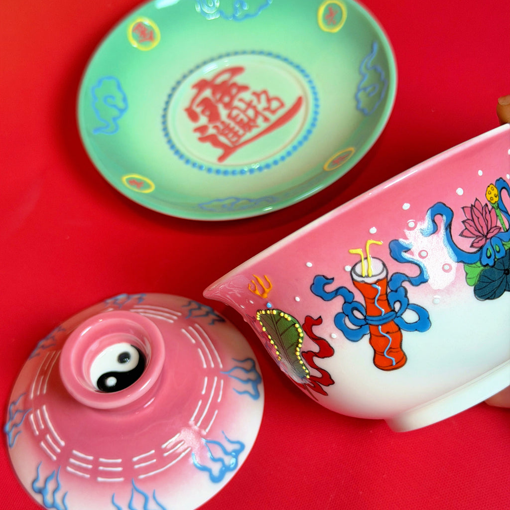 Eternal Cycle Jingdezhen Handmade Taoist Ceramic An-Ba-Xian (Dark Eight Immortals) Covered Bowl Tea Set
