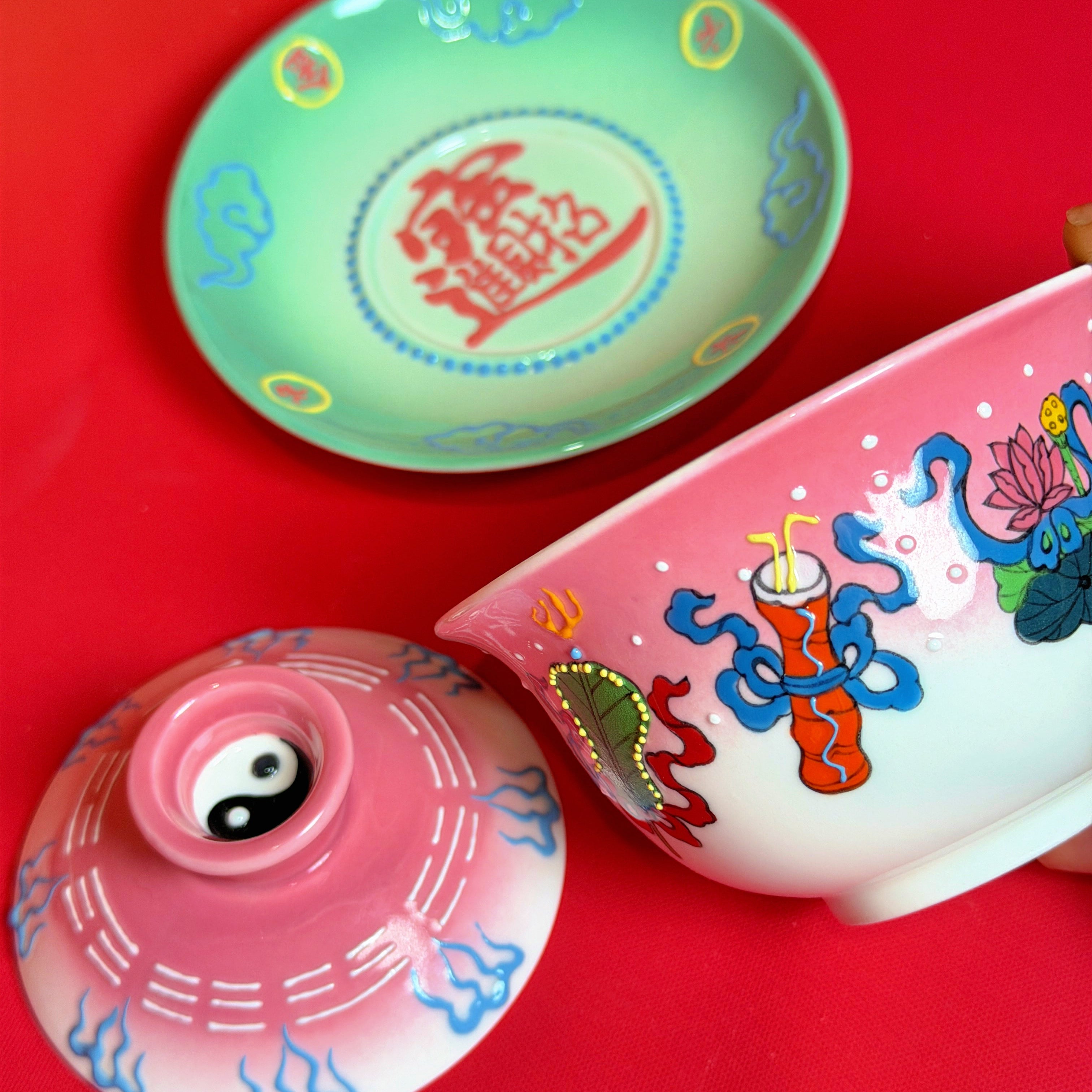 Eternal Cycle Jingdezhen Handmade Taoist Ceramic An-Ba-Xian (Dark Eight Immortals) Covered Bowl Tea Set