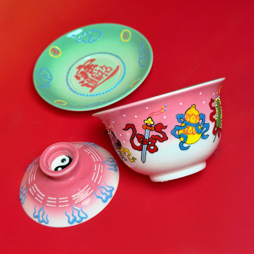 Eternal Cycle Jingdezhen Handmade Taoist Ceramic An-Ba-Xian (Dark Eight Immortals) Covered Bowl Tea Set