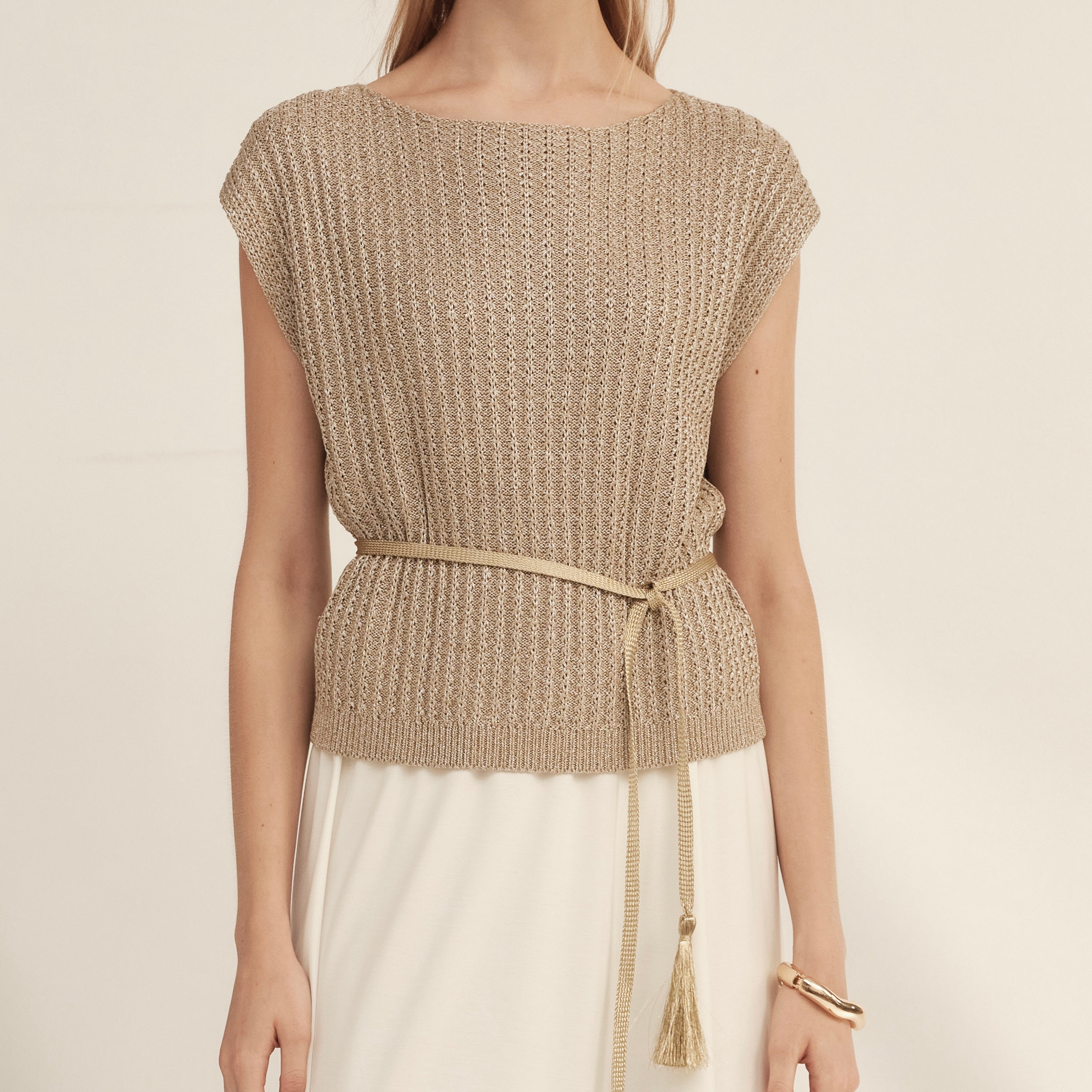 Gold-Dusted Short-Sleeve Knit Top