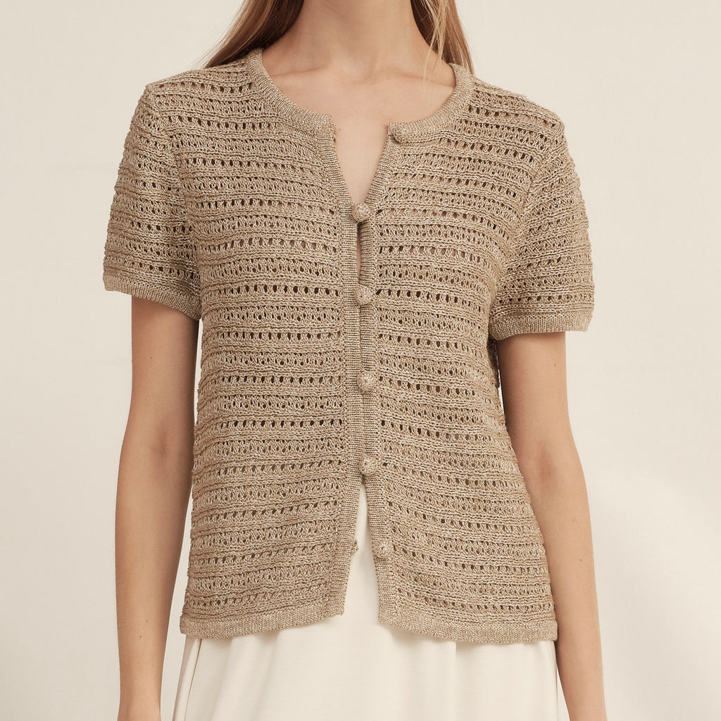 Gold-Dusted Hand-Crocheted Button Knit Top