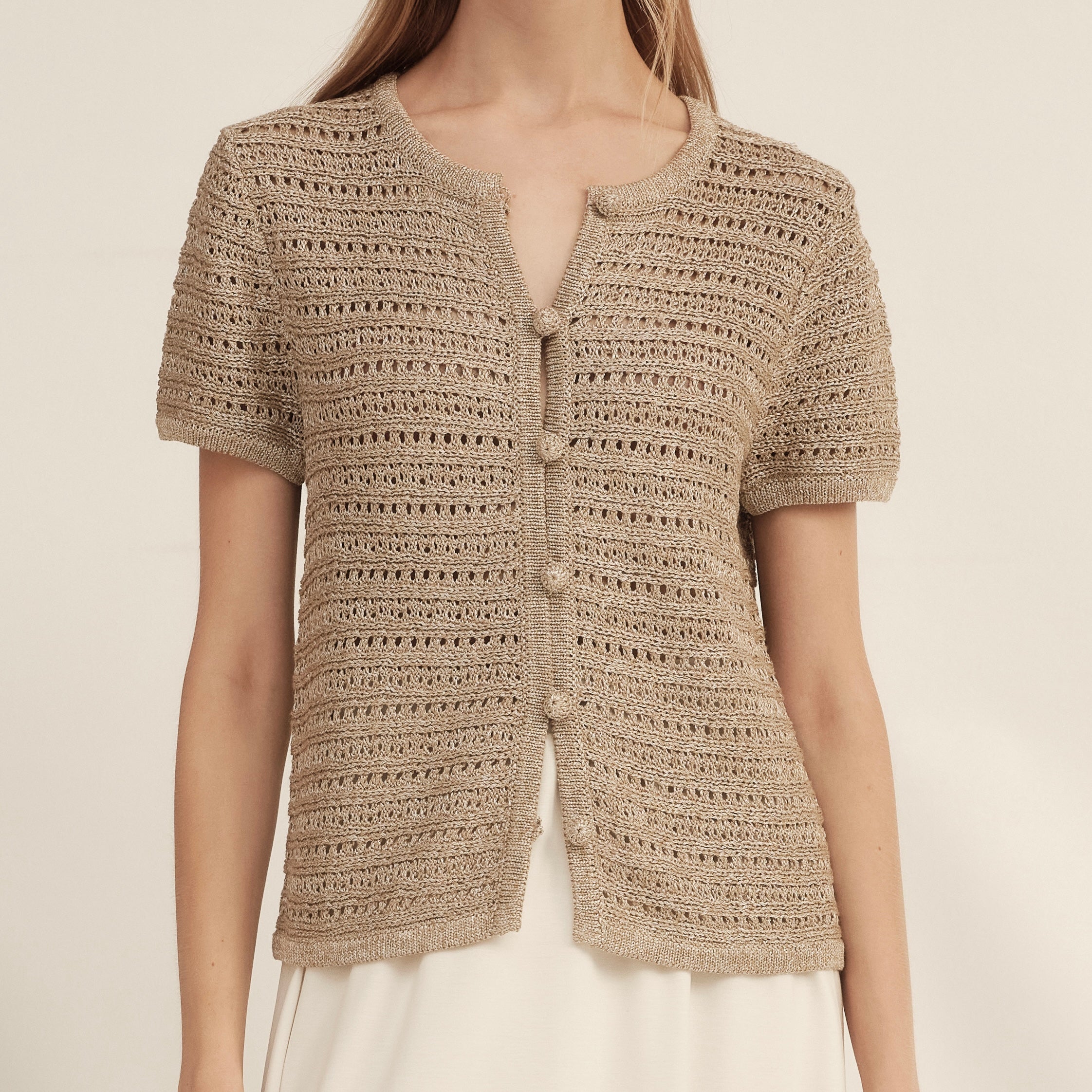 Gold-Dusted Hand-Crocheted Button Knit Top