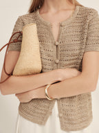 Gold-Dusted Hand-Crocheted Button Knit Top