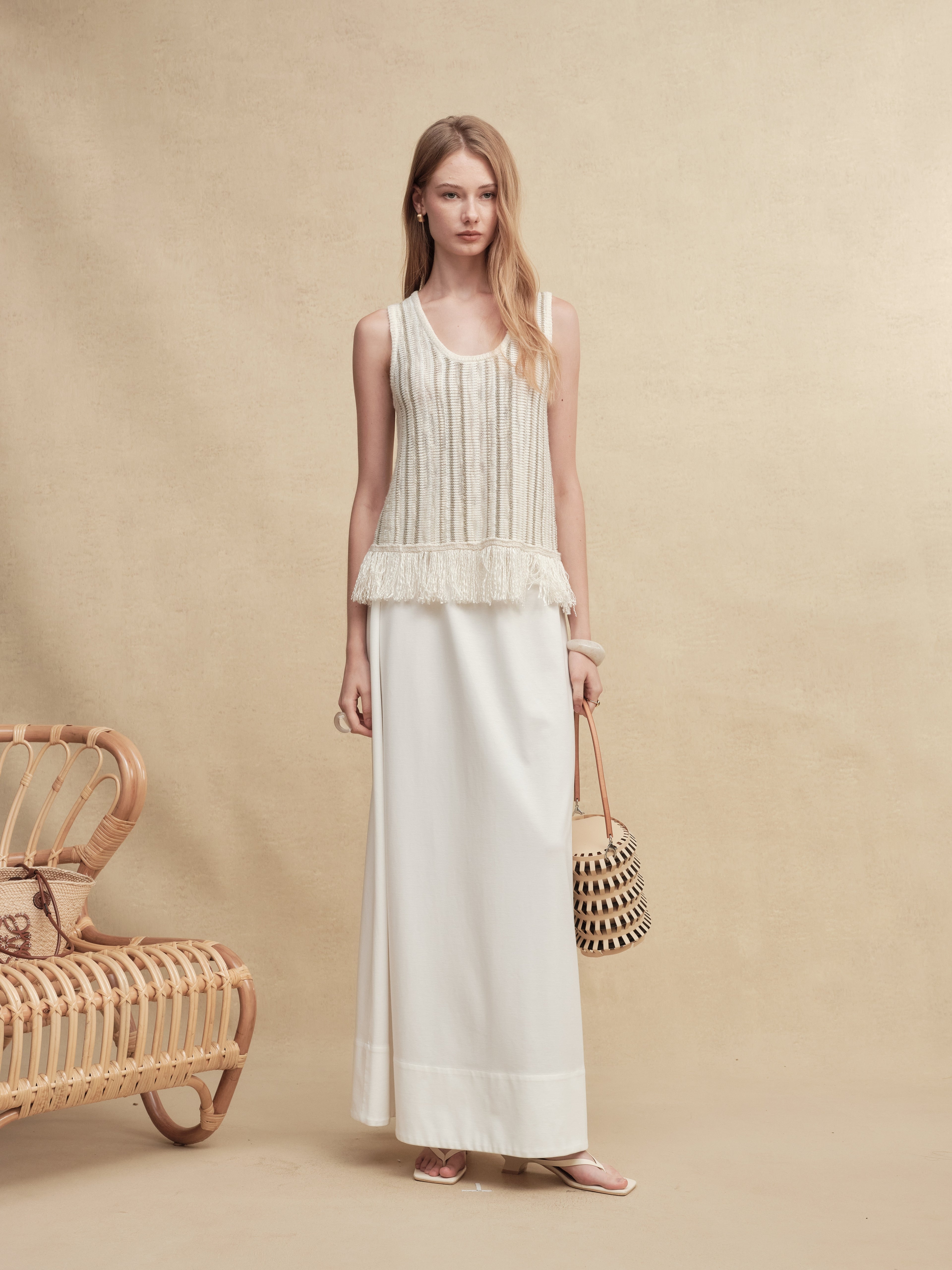 Mixed Silk-Lace Tassel Trim Knit Top