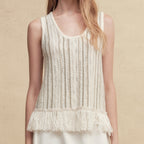 Mixed Silk-Lace Tassel Trim Knit Top