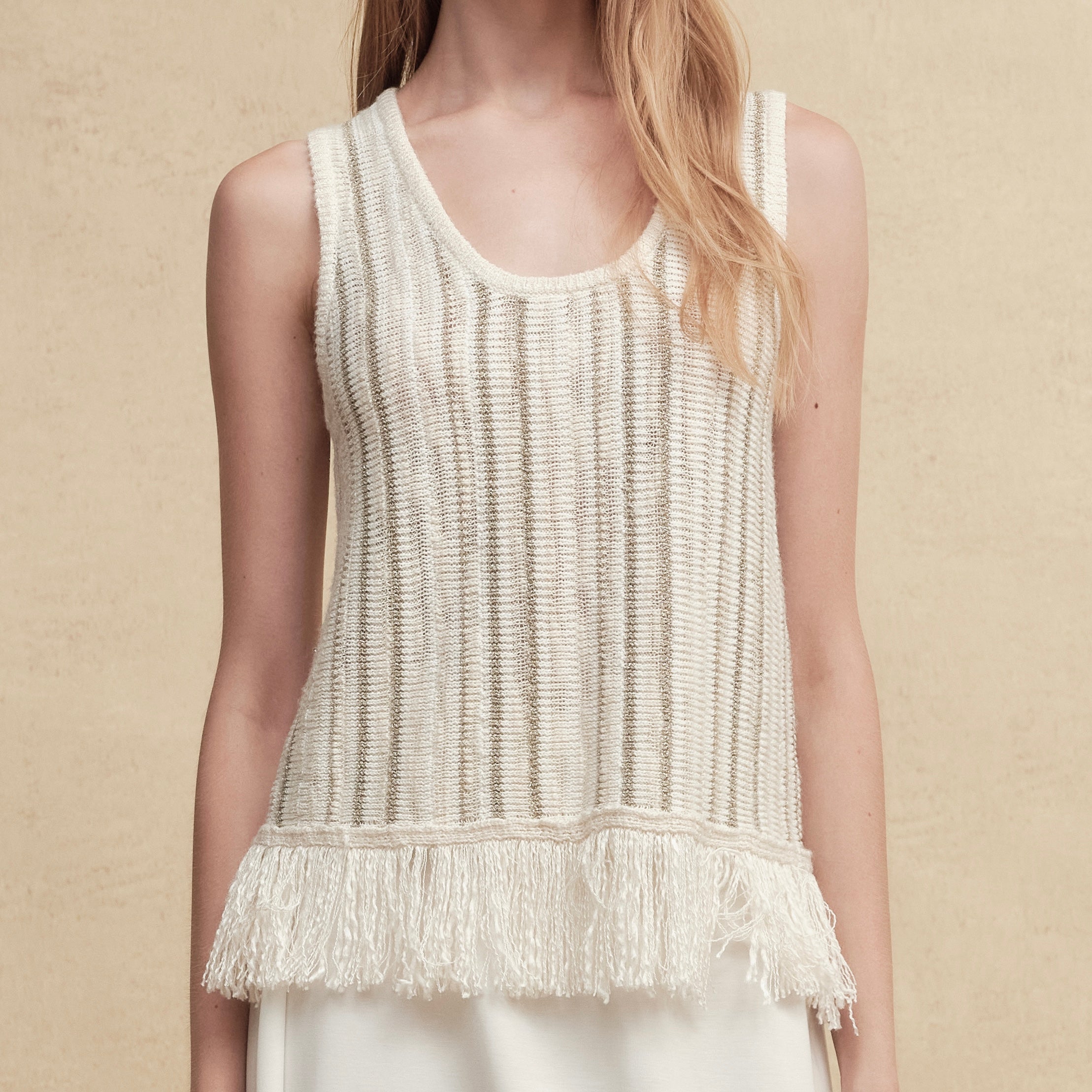 Mixed Silk-Lace Tassel Trim Knit Top