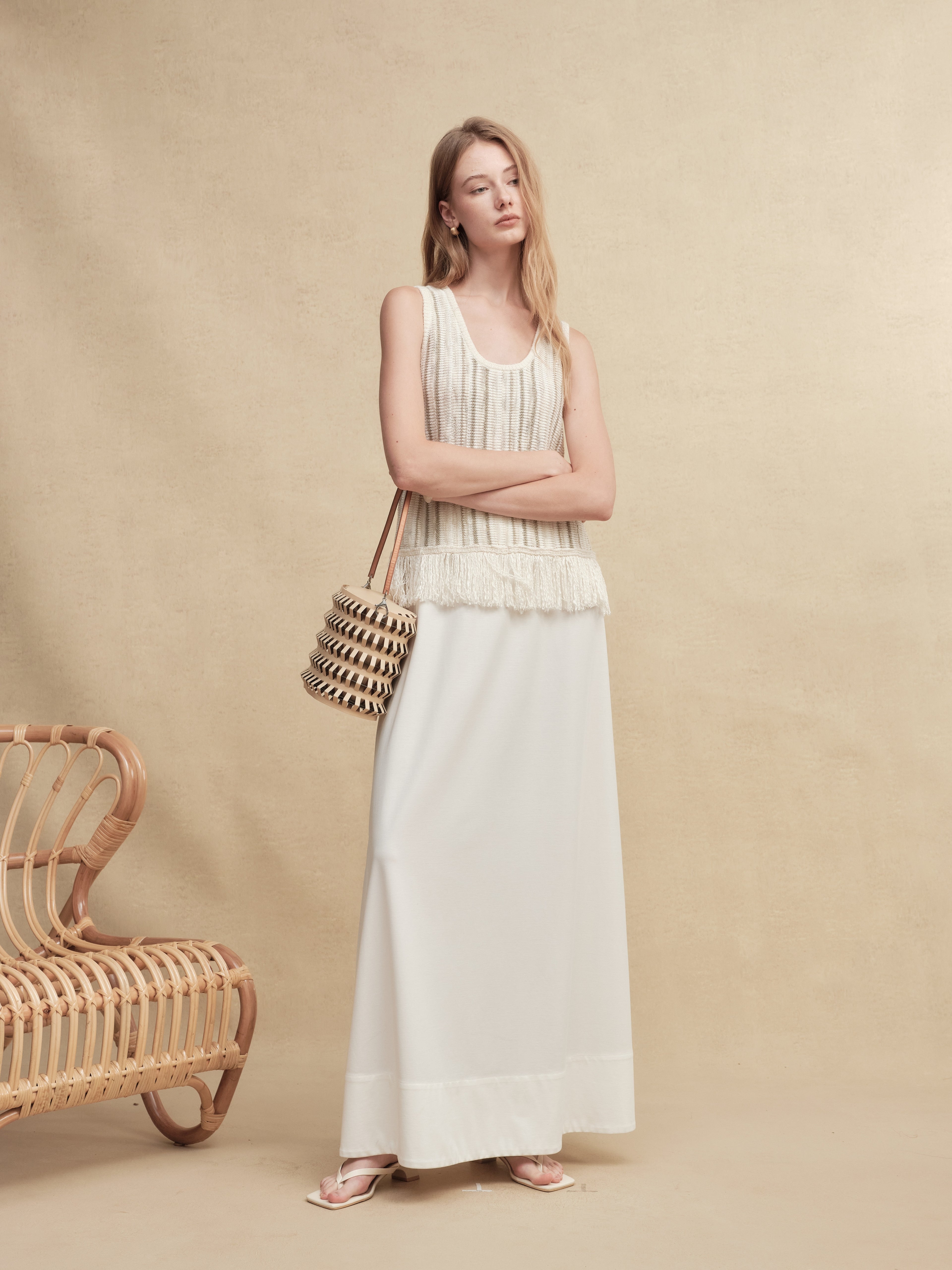 Mixed Silk-Lace Tassel Trim Knit Top