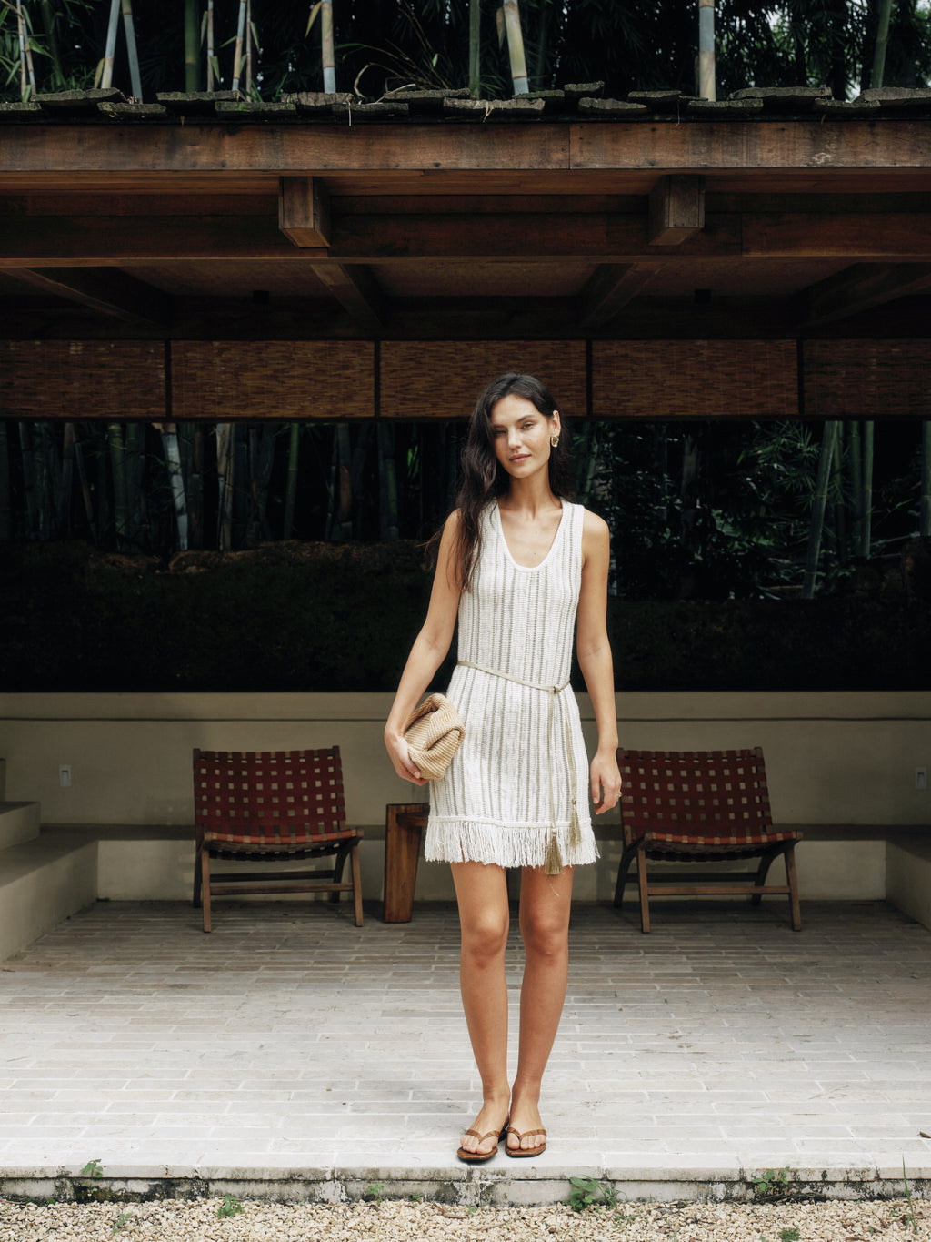 Mixed Silk-Lace Tassel Trim Knit Dress