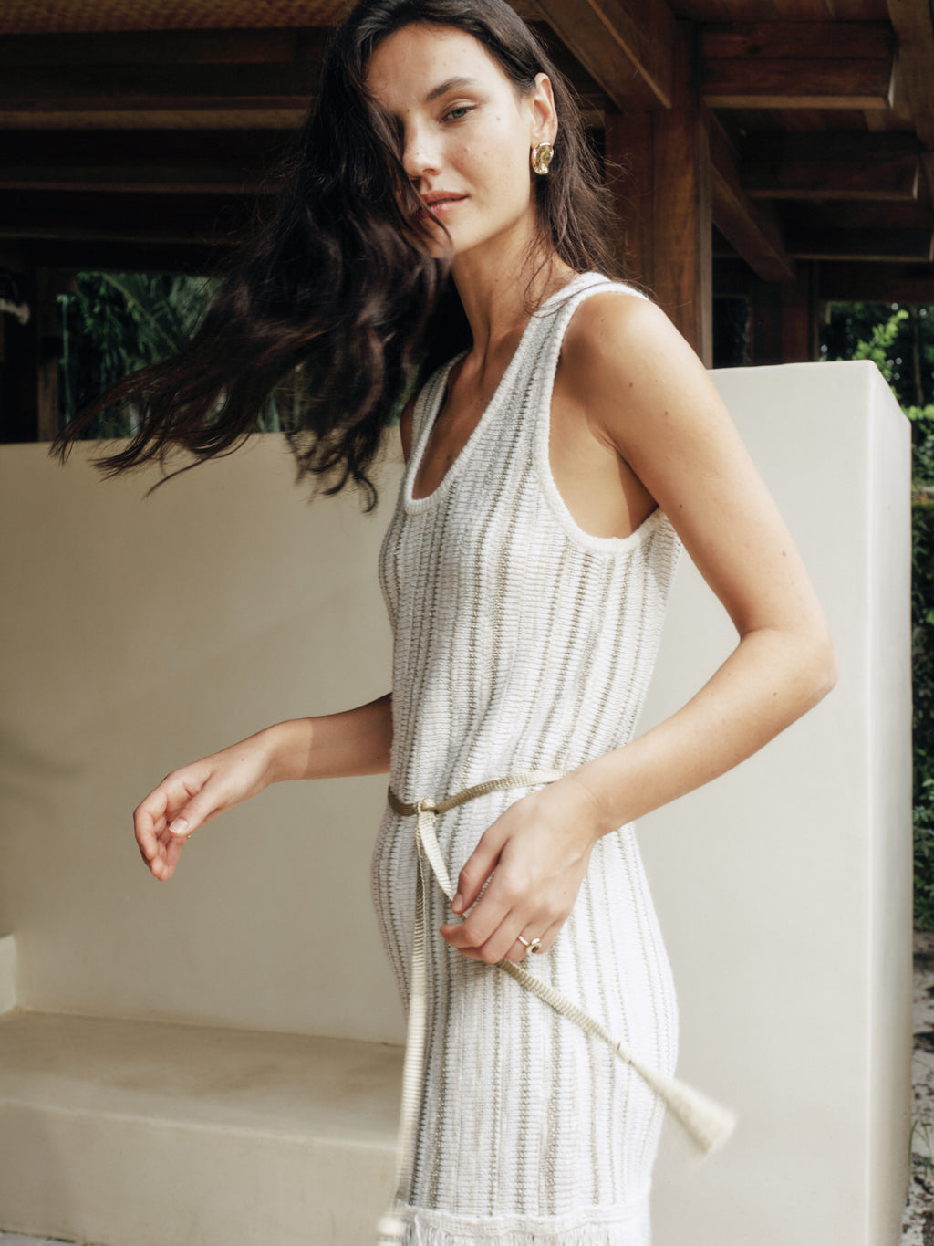 Mixed Silk-Lace Tassel Trim Knit Dress