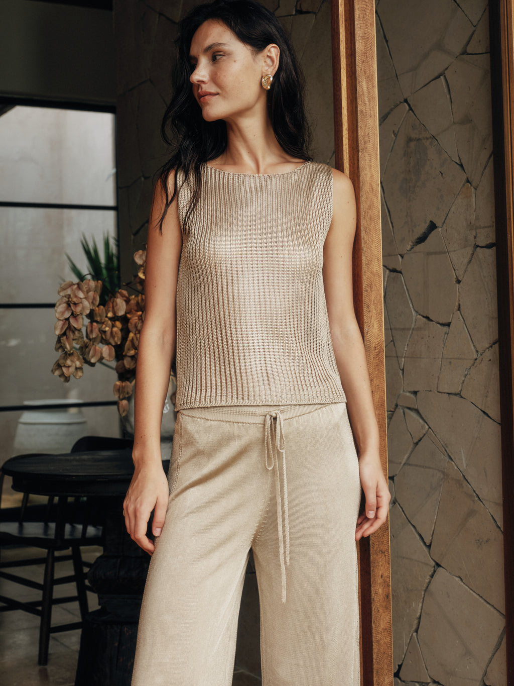 Cooling Striped Semi-Sheer Knit Tank Top