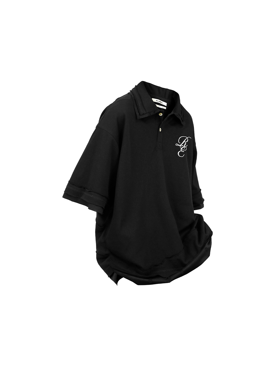 RELABEL (Water-stain cut) Pique cotton patchwork deconstructed embroidered faux two-piece short-sleeved polo shirt Secondary image