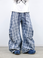 RELABEL (Gemeng) Flower Bud Balloon Check Print Draped Loose-Fit Wavy-Crinkle Gradient Washed Denim Trousers