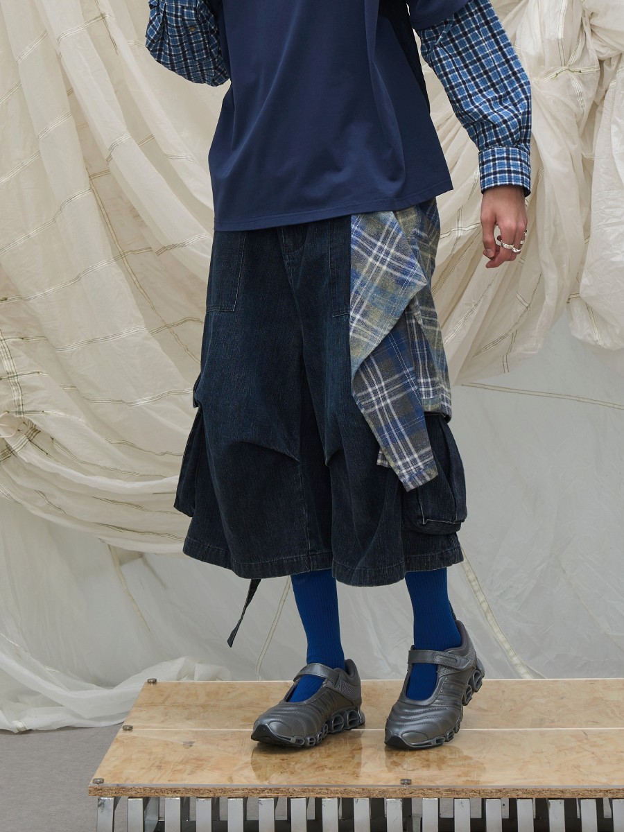 RELABEL Time Element (Extended Fit) Detachable Fly Panel with Flowing Ties, Machine-Washable Slub Denim Shorts