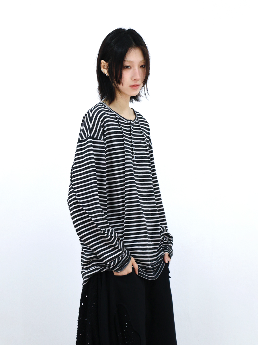 RELABEL (Vision) Lightweight, velvety-textured striped patchwork long-sleeved T-shirt with a wet-look finish, studded details and a scoop neck Secondary image