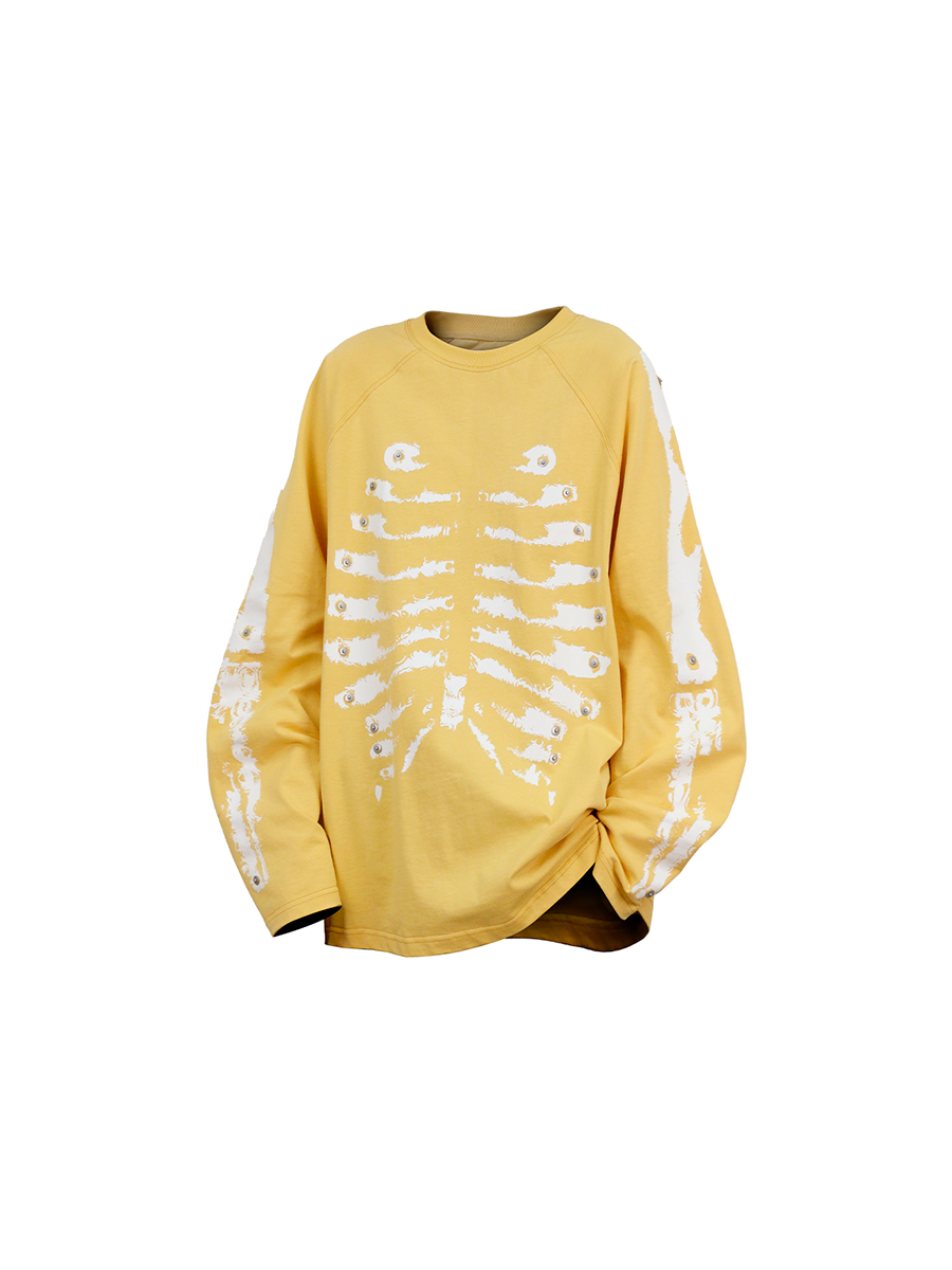 RE-BONE (Skeletal Line) – Long-sleeved base layer T-shirt with delicate, water-washed bone-pattern print, stud detailing and a faded gradient finish Secondary image