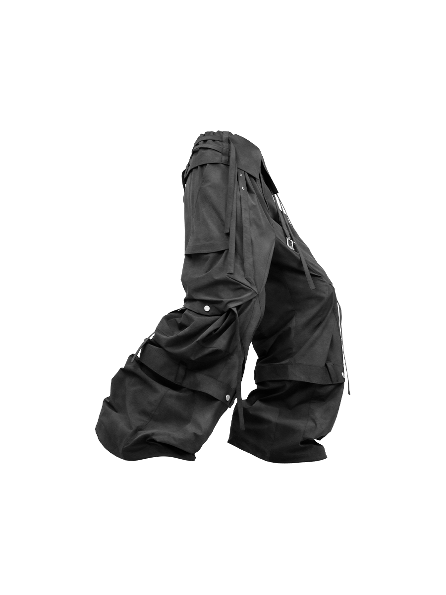 RELABEL (Pleated Ripple) Reversible Pleated Waistband Ripple Pocket Detachable Patchwork 7/8-Length Work Trousers