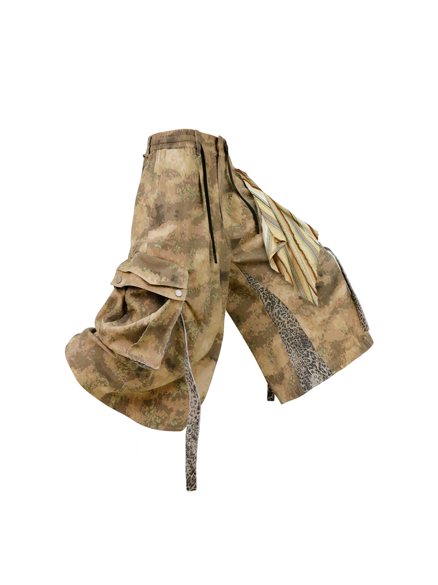 RELABEL (Cut-out Pattern) Camouflage Leopard-print Patchwork Detachable Scarf-Tie Workwear Cropped Shorts