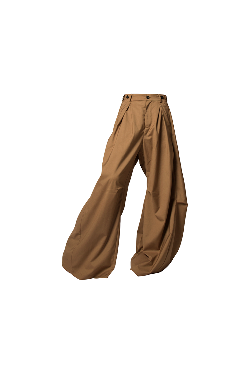 RELABEL Three-dimensional Design (Lines and Angles) – Horizontal and Vertical Combination, Pleated, Draped, Loose-fitting, Curved-leg Trousers