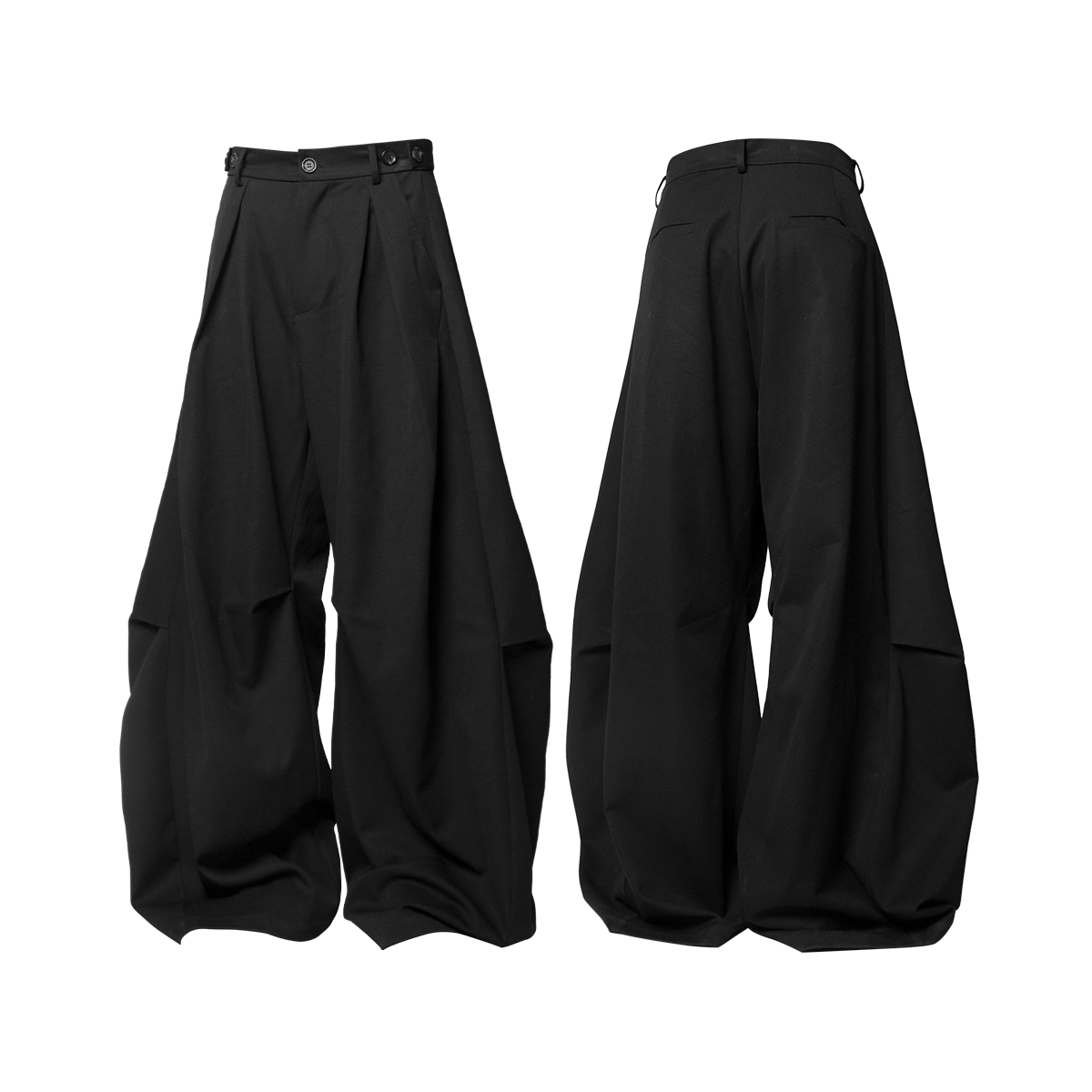 RELABEL Three-dimensional Design (Lines and Angles) – Horizontal and Vertical Combination, Pleated, Draped, Loose-fitting, Curved-leg Trousers