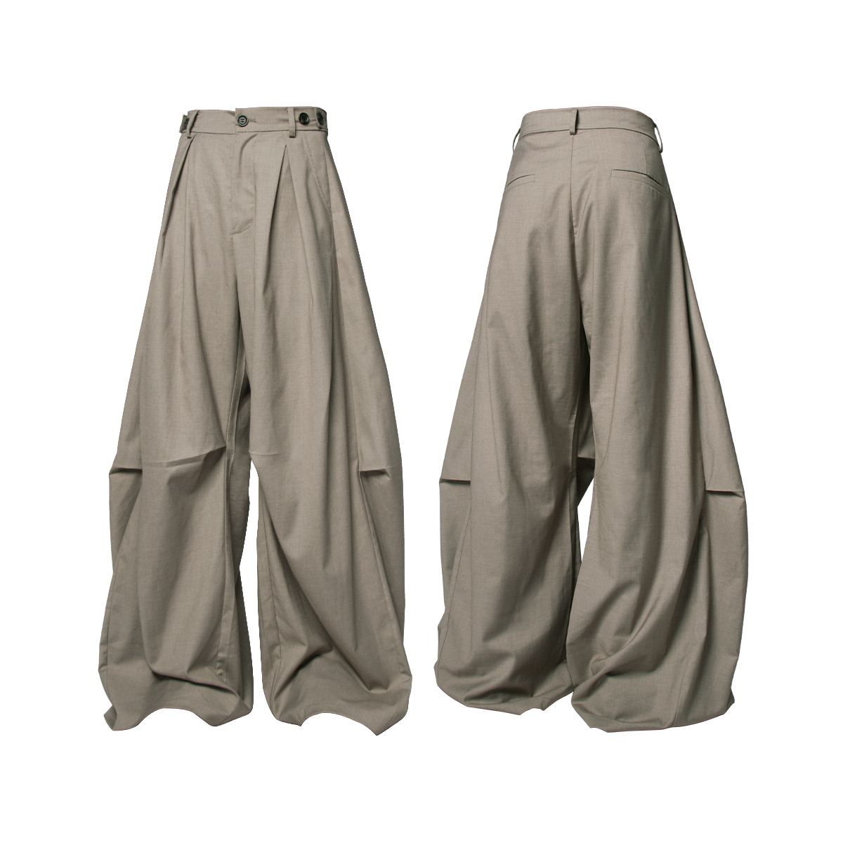 RELABEL Three-dimensional Design (Lines and Angles) – Horizontal and Vertical Combination, Pleated, Draped, Loose-fitting, Curved-leg Trousers